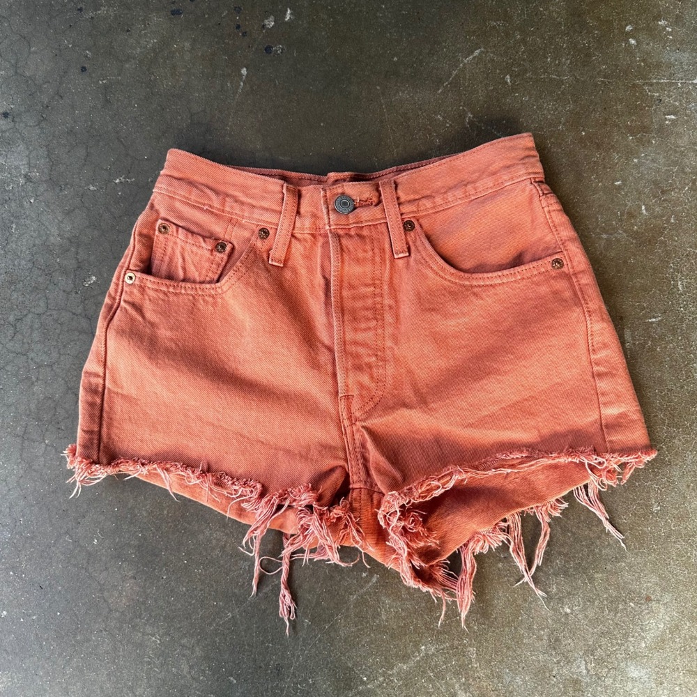 Levi's 501 Cut Off Denim Shorts Men 24 Orange Excellent High Rise Button Fly